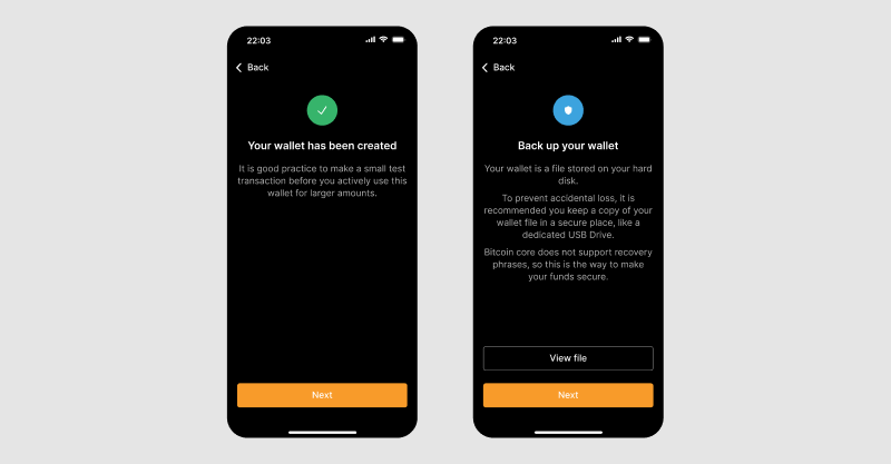 Screens showing wallet creation confirmation and encouragement to back up wallet file
