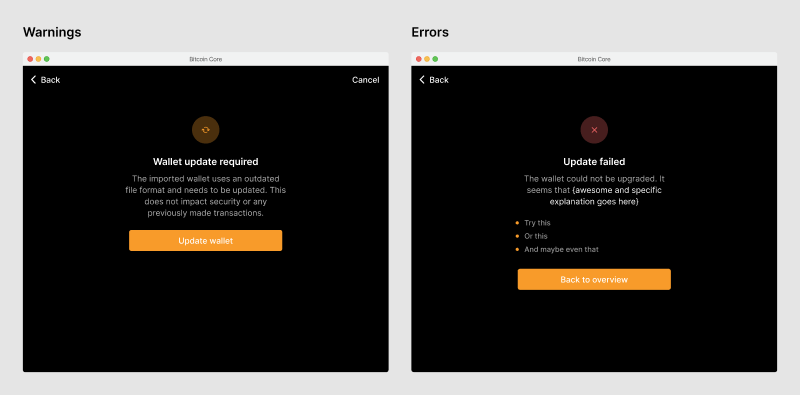Mockup showing a warning and an error message.