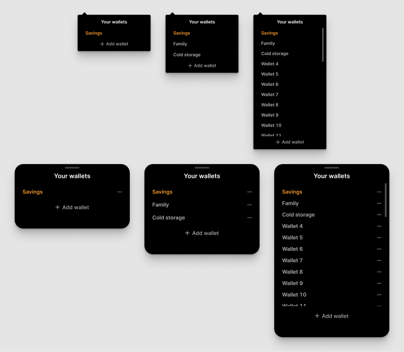 Three variations of the wallet selector modals with varying detail.