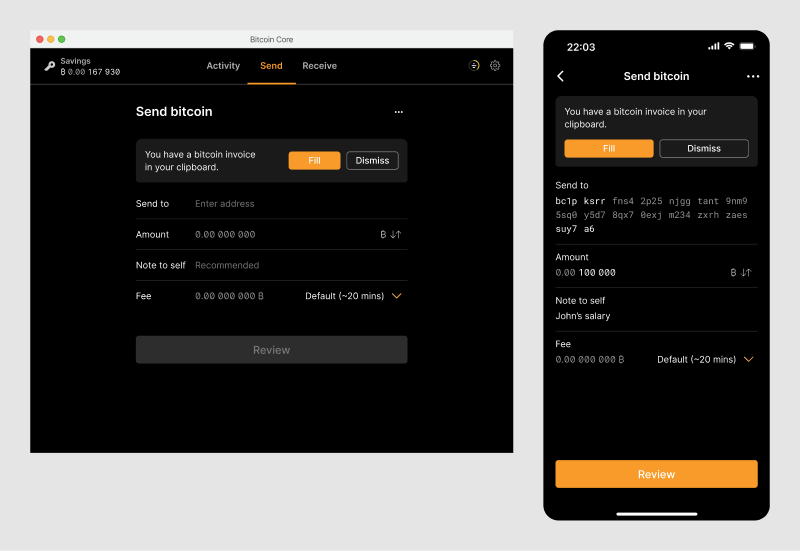 Send screen with an info message that the user has a bitcoin invoice on their clipboard.