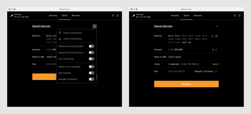 Multiple screens showing the process of enabling coin selection