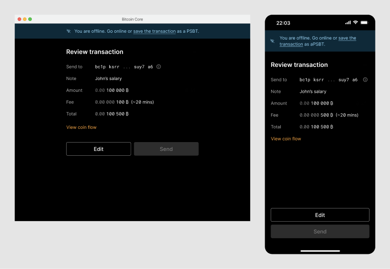 Transaction review screen with a warning message.