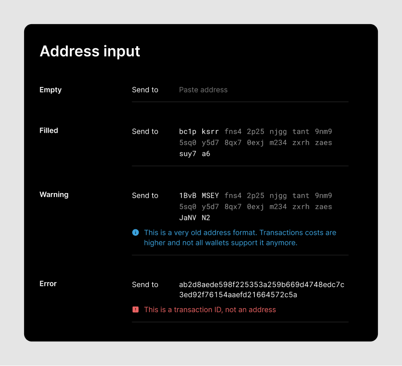 List of the address input field in different states.
