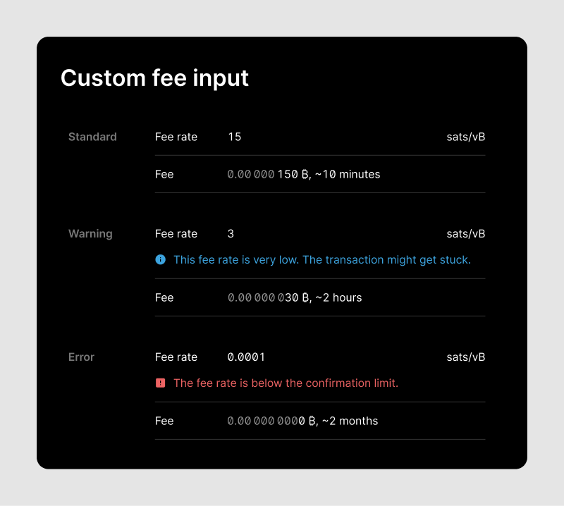 List of the custom fee input field in different states.