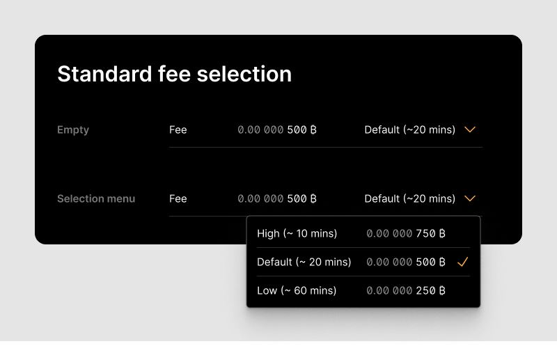 List of the fee selection input field in different states.
