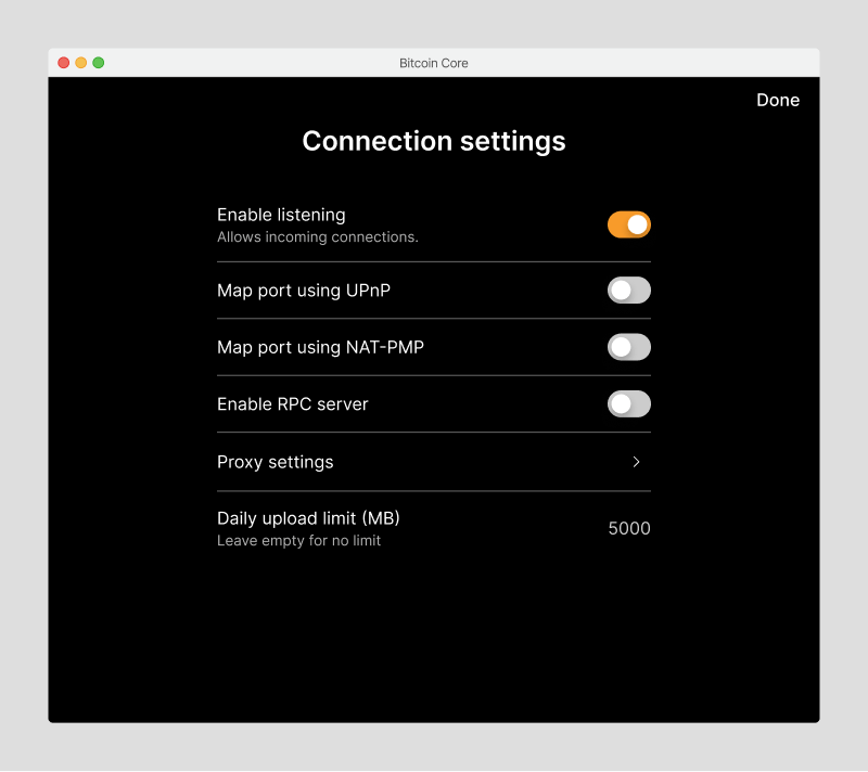 Screen with basic options to enable network features